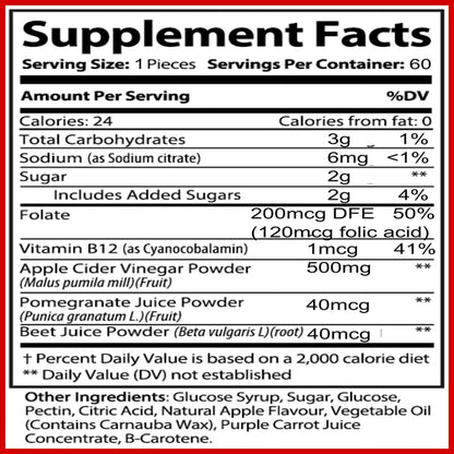 Pure Apple Cider Vinegar Gummies with Vitamins B-9, B-12, Pomegranate Juice, Beet Root Juice
