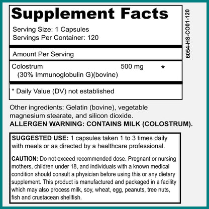 Bovine Colostrum Supplement 500mg - 30% IgG Immunoglobulin, Immune Supports
