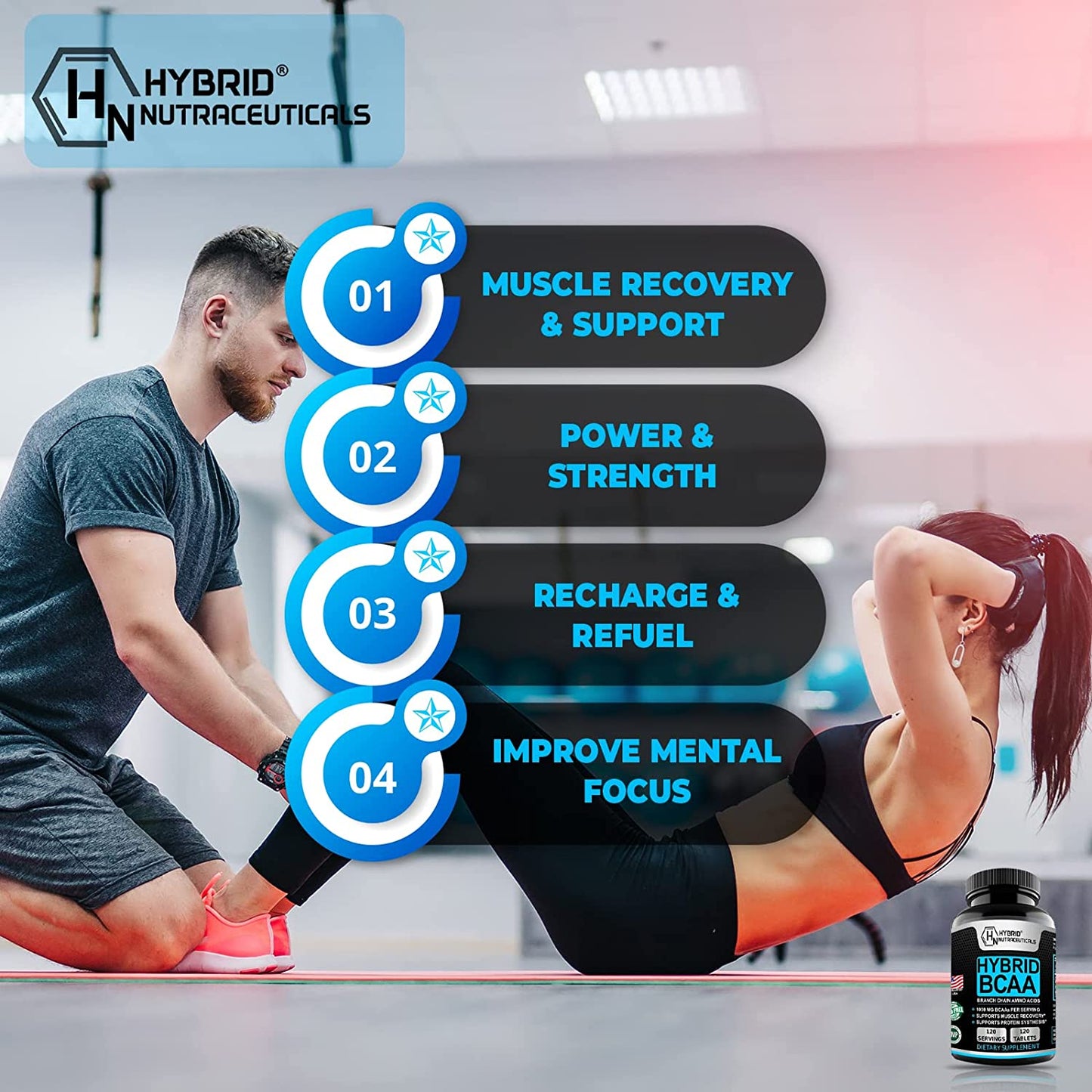 Hybrid BCAA Tablets 1000mg - 2:1:1 Extra Strong Branched Chain Amino Acids Supplements